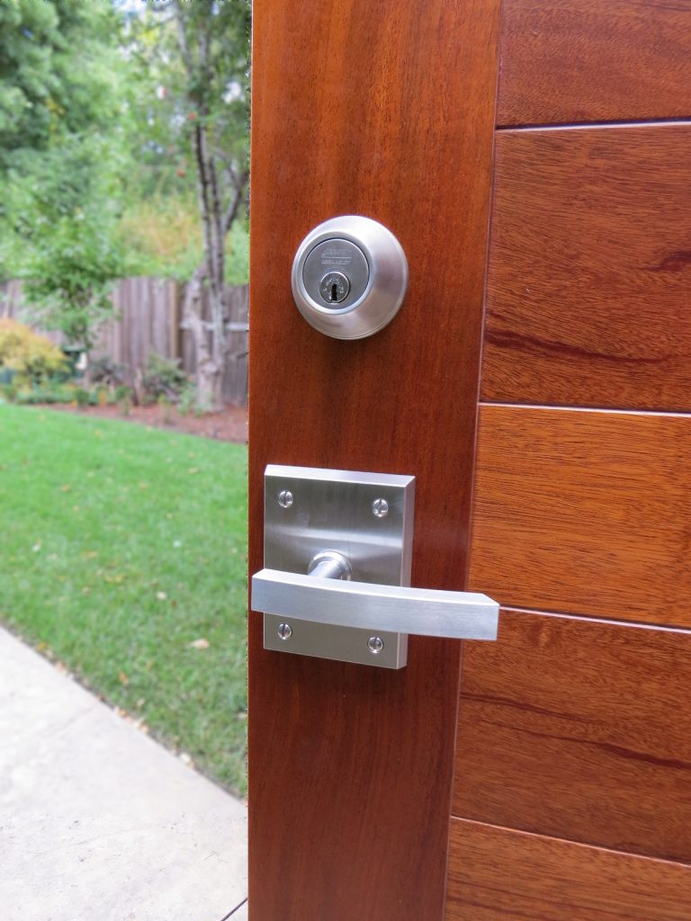 Stainless Steel Alta Gate Latch with Round Deadbolt on Mahogany custom Gate